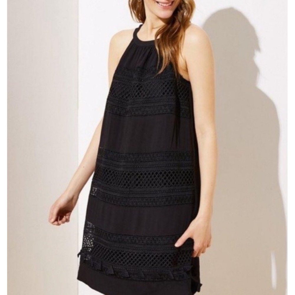 LOFT Black Halter Neck Crochet Lace Trim Tassel Dress Size Small Boho